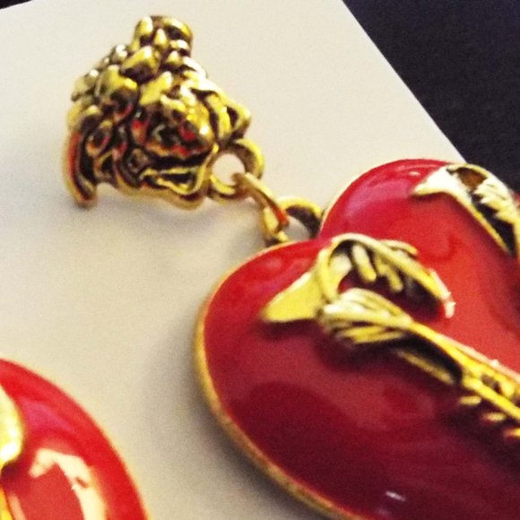 *NOT VERSACY "V" MEDUSA HEAD AND RED HEART DROP PIERCED EARRINGS 73 - Picture 2 of 3